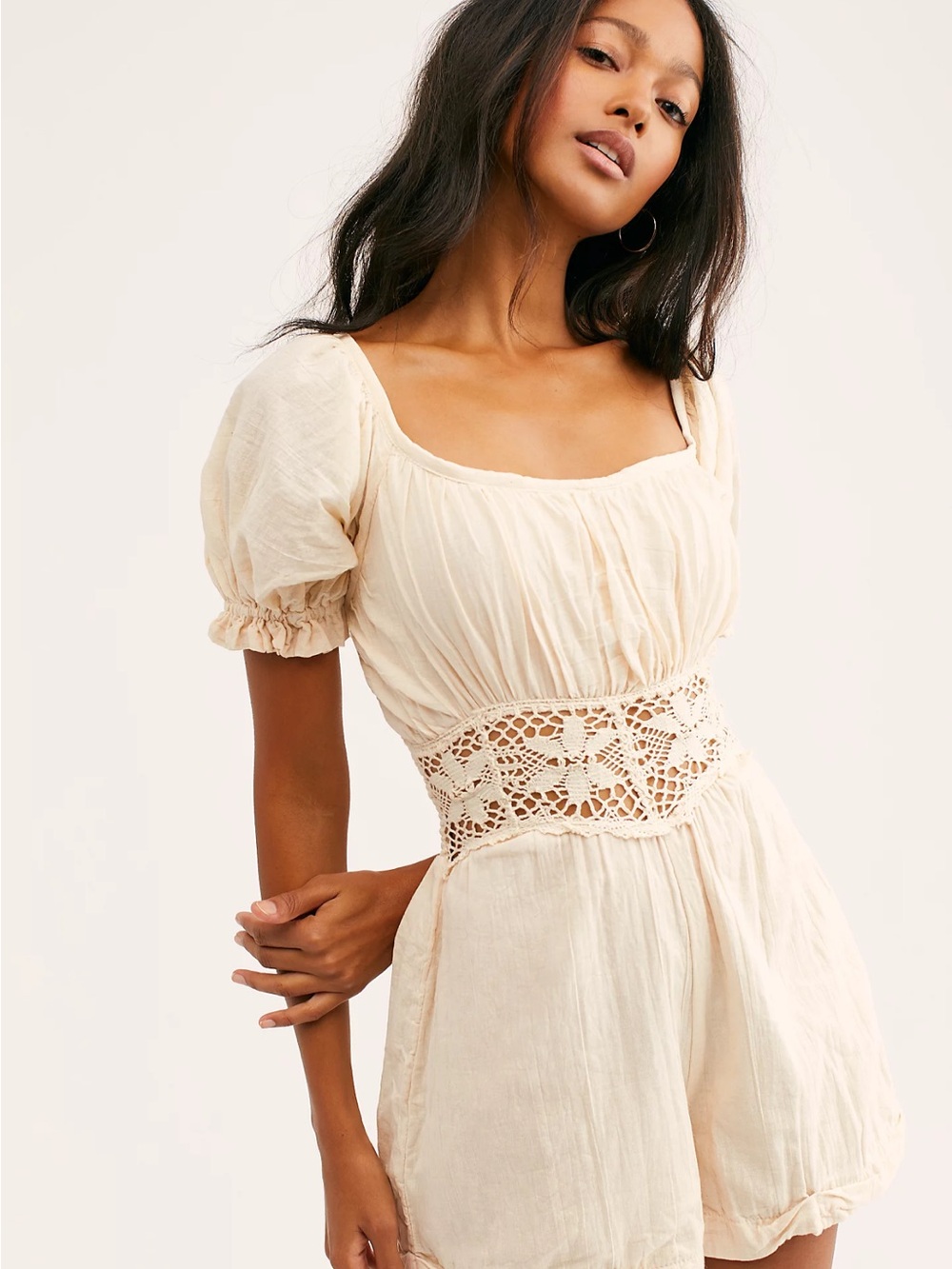 Free People Cream Crochet-Waist Puff Sleeve Romper